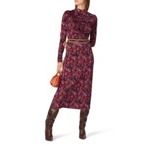 Tanya Taylor Zoe Floral Ruched Mock Neck Dress